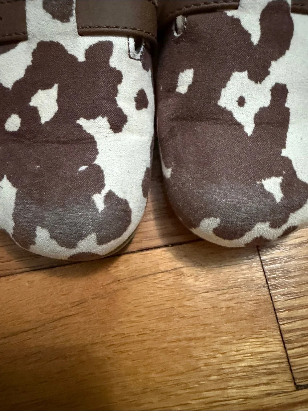 Old Navy Brown and Cream Cow-Print Moccasin Slip-Ons for Kids